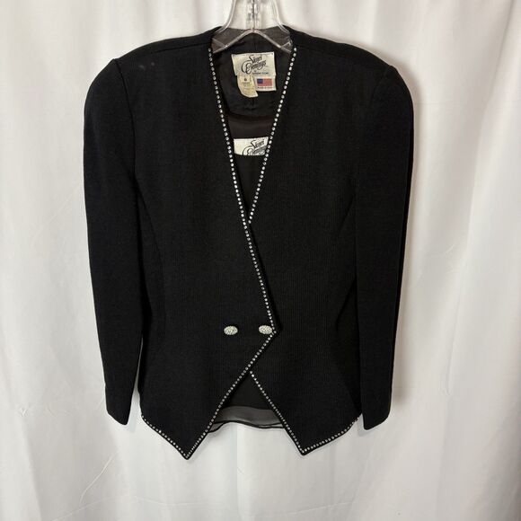 Vtg Sicari Evenings 80s 3 Pc Suit Blazer Skirt Tank Knit Rhinestone Black Glam 6 - Picture 2 of 11